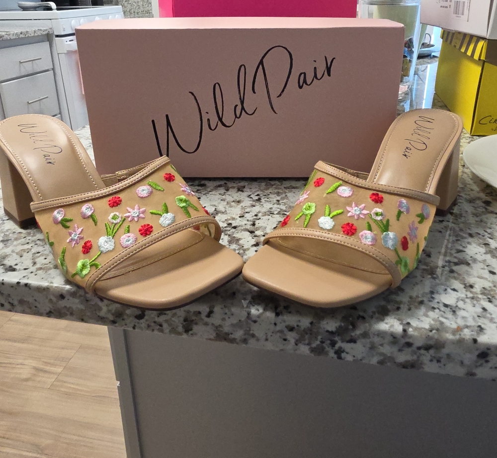Wild Pair Tan Embroidered Floral Slide Mules